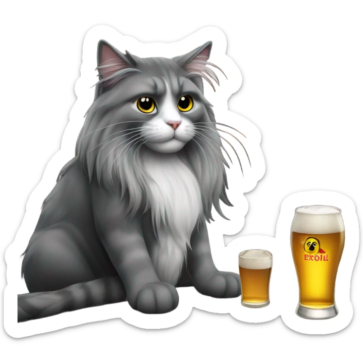 grey black and white long hair cat sitting at the bar with  beer and cigarette sticker