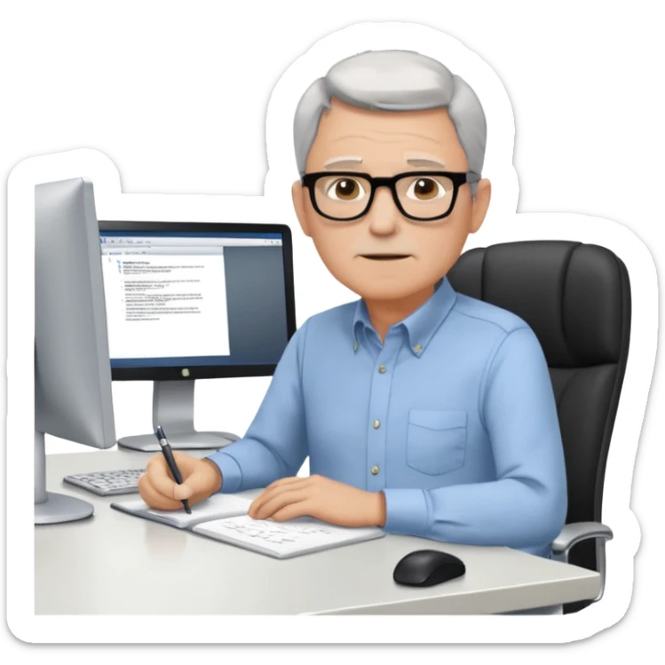 un uomo di circa 60 anni, capelli corti e brizzolati, occhiali con montatura nera, seduto ad una scrivania in un grande ufficio vuoto, tutto bianco, con il mobilio bianco, davanti a tre monitor ed un notebook, che lavora scrivendo software sticker