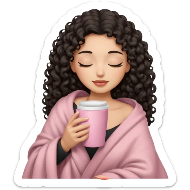 woman with hispanic medium skin tone, black long 3b curls, closed eyes, feminine face, holding soft pink coffee cup with beige blanket over shoulders sticker