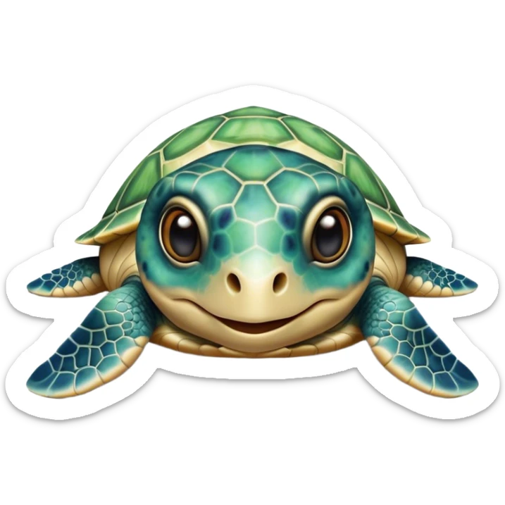 Cinematic Realistic Cute Sea Turtle Portrait Emoji, Head tilted playfully and inquisitively, featuring a compact, gentle form with a beautifully detailed shell adorned with natural patterns and a soft, expressive face with sparkling eyes, rendered with realistic textures and warm ambient light; high shine, affectionate and spirited, styled with a touch of marine whimsy, soft glowing outline, capturing the essence of a mischievous yet lovable sea turtle that seems ready to swim playfully into your arms! sticker