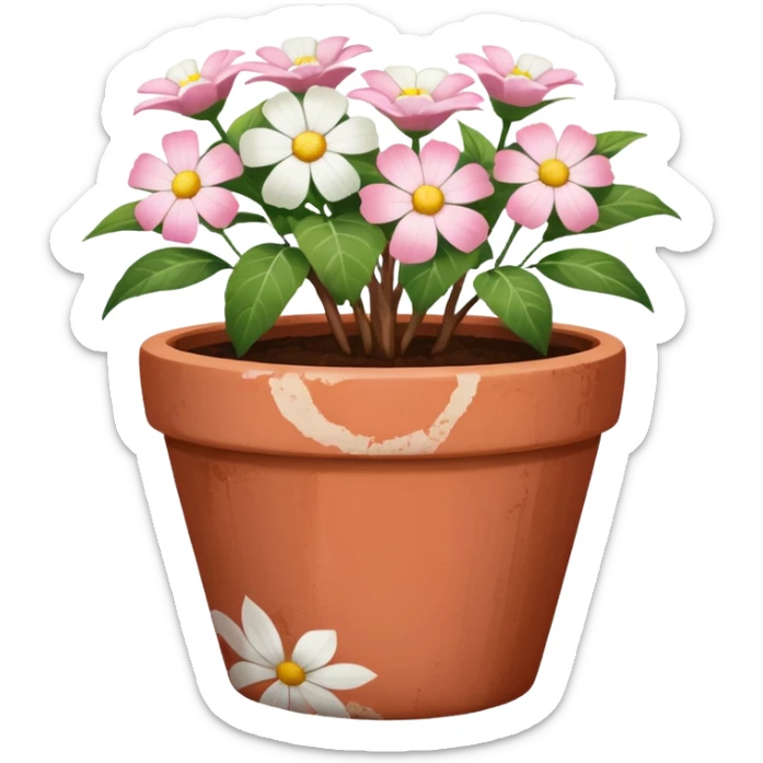 plant pot in terra cota with white and pink flowers print painted sticker