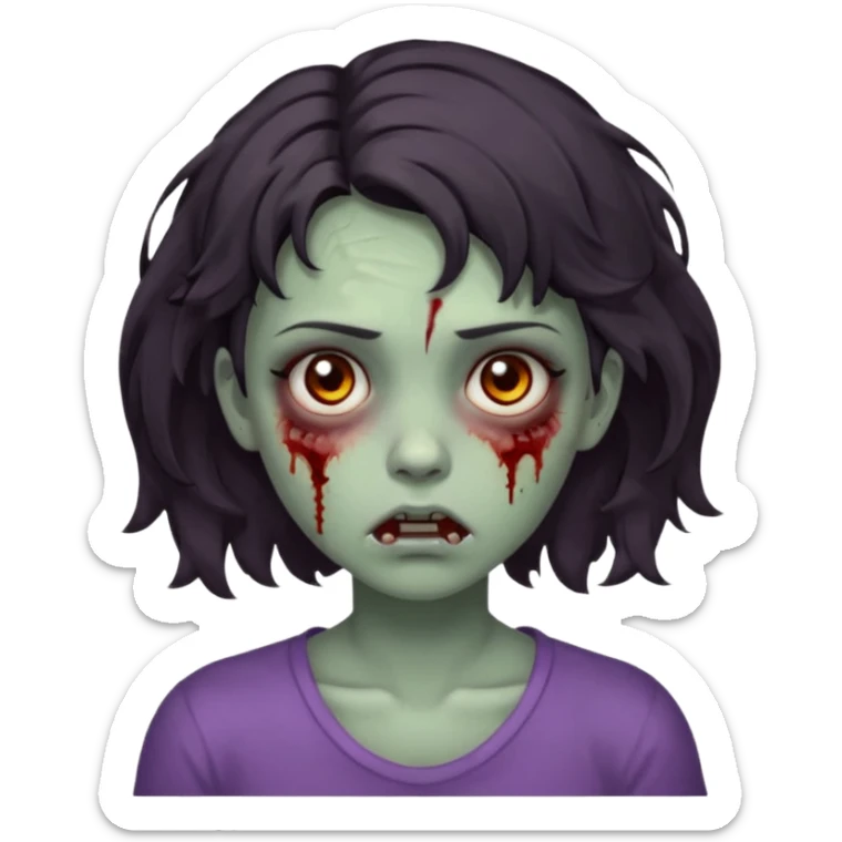 Zombie girl with bruises, she has a dark short wavy hair, she has a tired expression and dark eyes, she has dark circles too sticker