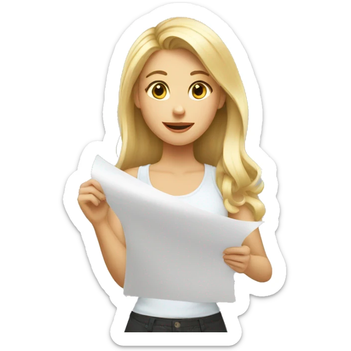 blonde girl giving feedback with a sheet of paper sticker