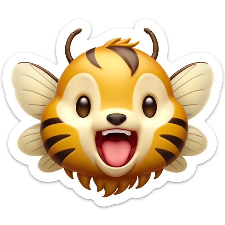 Cinematic Cute Yawning Hornet Portrait Emoji, Head tilted slightly with a dramatic, wide-open yawn, showcasing a small, striped body with softly drooping wings and sleepy, half-closed eyes, Simplified yet irresistibly adorable features, highly detailed, glowing with a soft, cozy glow, high shine, relaxed yet expressive, stylized with a dash of whimsical insect charm, soft glowing outline, capturing the essence of a drowsy yet affectionate hornet that appears ready to stretch out for a nap! sticker