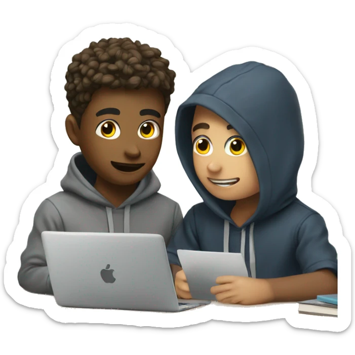 Young man with hoodie helping his friend to learn how to use artificial intelligence  sticker