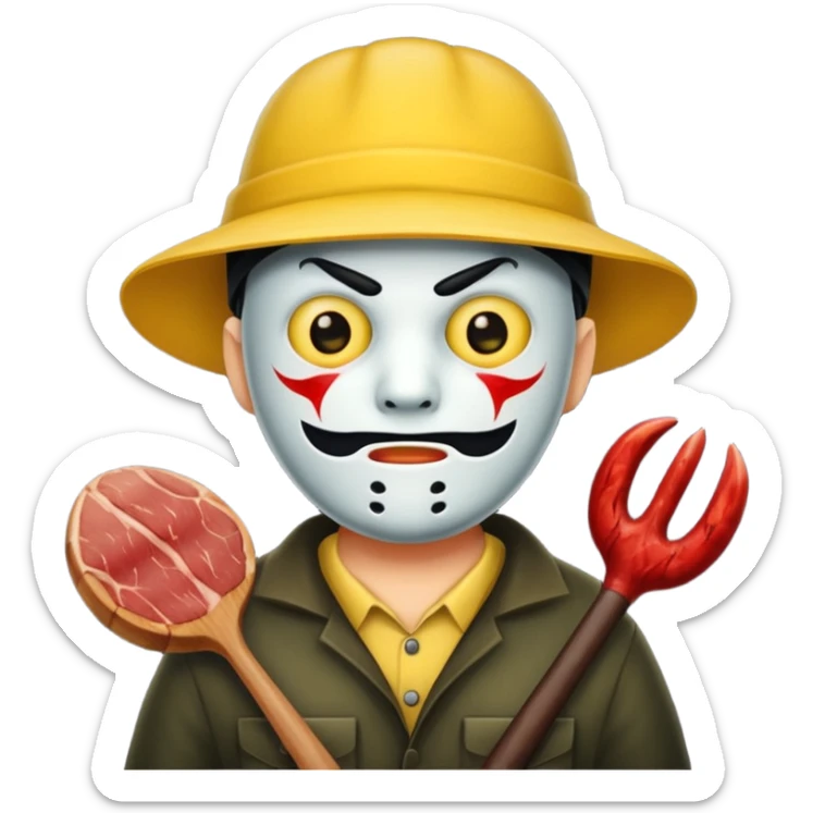 scary evil man look like from friday 13th with the yellow hat and meat khife sticker