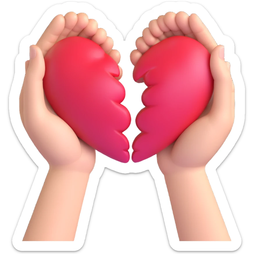 two hands each holding half of a heart, coming together to form a full heart sticker