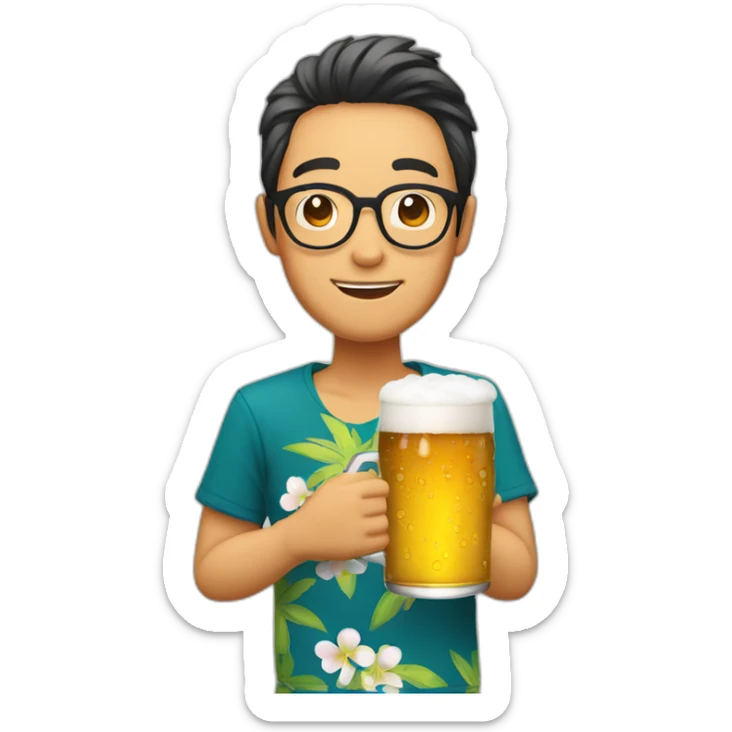 Japanese wearing roundglasses alohashirt is holding beer sticker