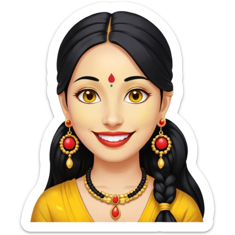 Phụ nữ 35 tuổi, da vàng, tóc buộc dài màu đen, có chấm đỏ bindi trên trán, mặt cười tươi, đeo khuyên tai tròn to bằng vàng, nửa thân trên sticker