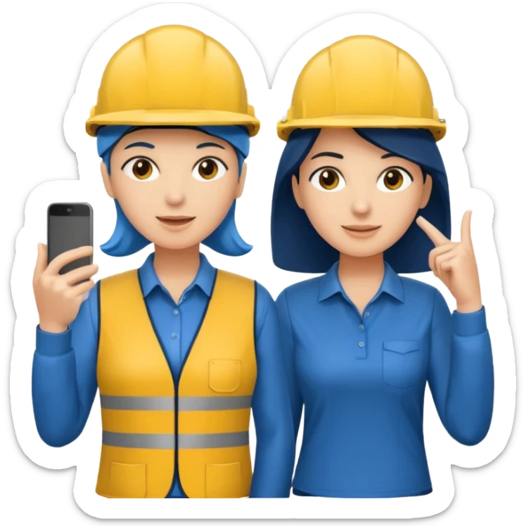 Um homem e uma mulher amarelos com capacete azul escuro e camisa social cinza. Um deles deve estar segurando um megafone  sticker