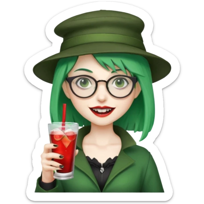 vampire green hair Drink holders with hat, wearing glasses, female,,teeth looks like vampire sticker