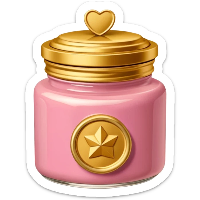 Una miniatura fotorrealista de un tarro de mantequilla corporal elegante, con una tapa dorada brillante. Una sola moneda de oro, pequeña y sutil, reposa al lado del tarro. Iluminación suave de estudio. Colores: rosa, terracota y dorado. Estilo: lujo en miniatura. sticker