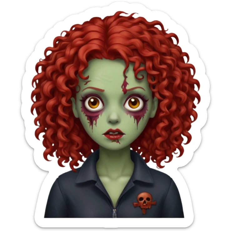 Emoji zombie feminino estilo iPhone com cabelo cacheado volumoso vermelho  sticker