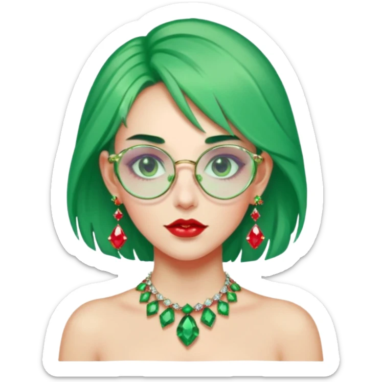 gem lover woman with gem accessories excessive amount gem glassess very big gem earrings green hair and red diamonds sticker