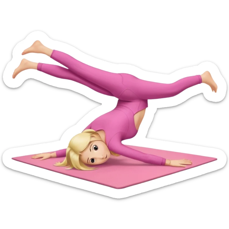 A fair-haired girl in a pink suit does a back bridge on a mat. two legs and a bridge to the other side.the feet are on the mat, the back is arched inward and the hands are stretched towards the legs sticker