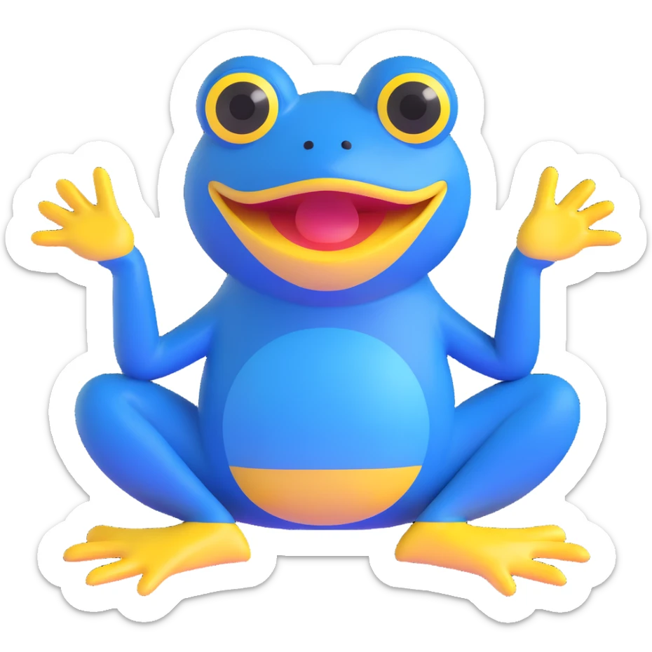 blue frog, sitting pose, exaggerated yellow mouth, wide eyes, cute and silly, appealing to children, no accessories sticker