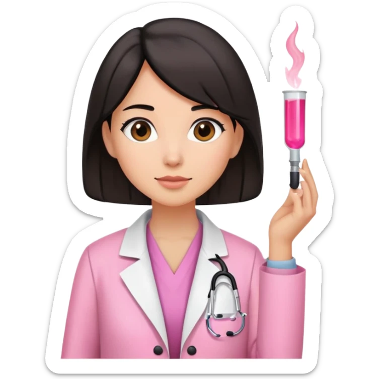 Mulher de cabelos pretos na altura do ombro e de jaleco rosa  sticker