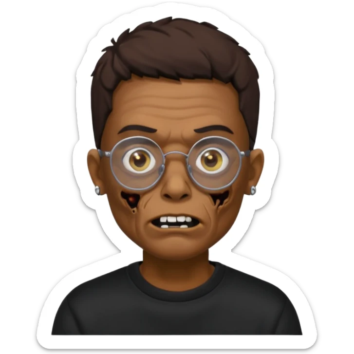 Chico moreno zombie, con gafas y sudadera negra, dos aretes en la oreja izquierda y dos en la derecha, ojeras en los ojos y sticker