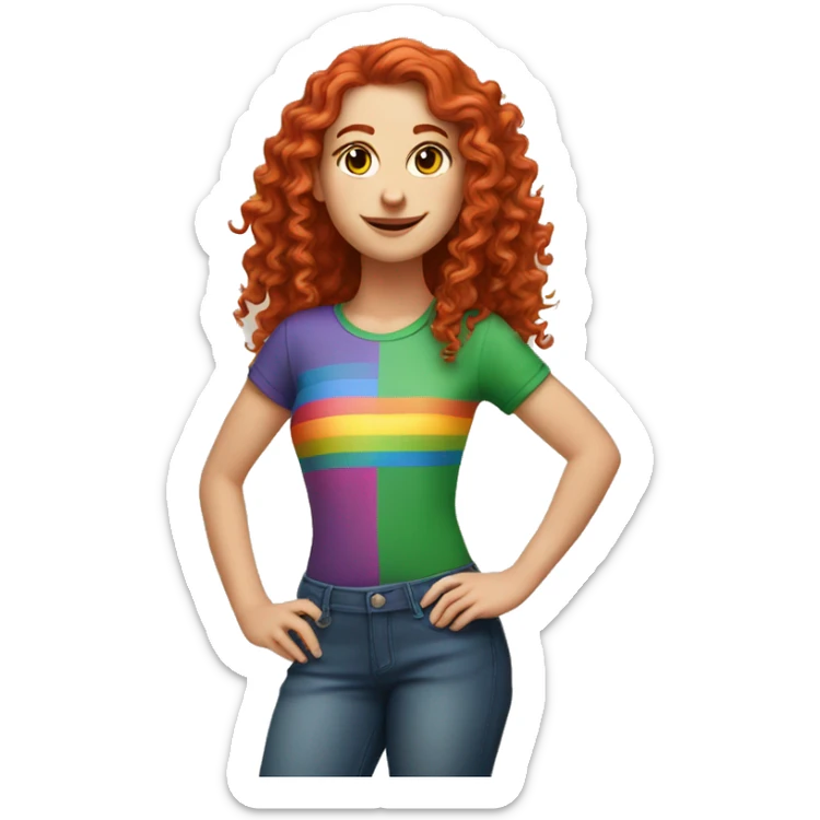 white girl with long red curly hair, wearing a rainbow shirt doing a pose sticker