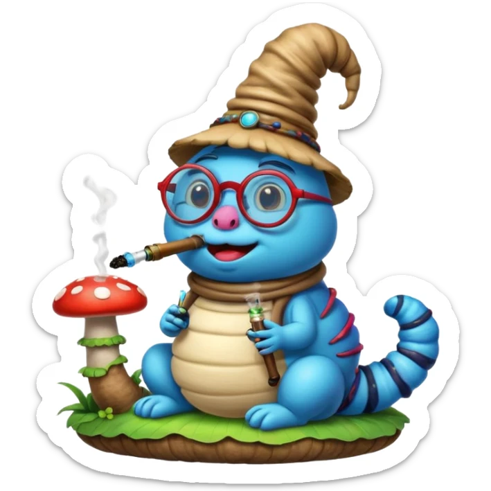 blue caterpillar with round glasses smoking a hooka pipe on top of a mushroom sticker