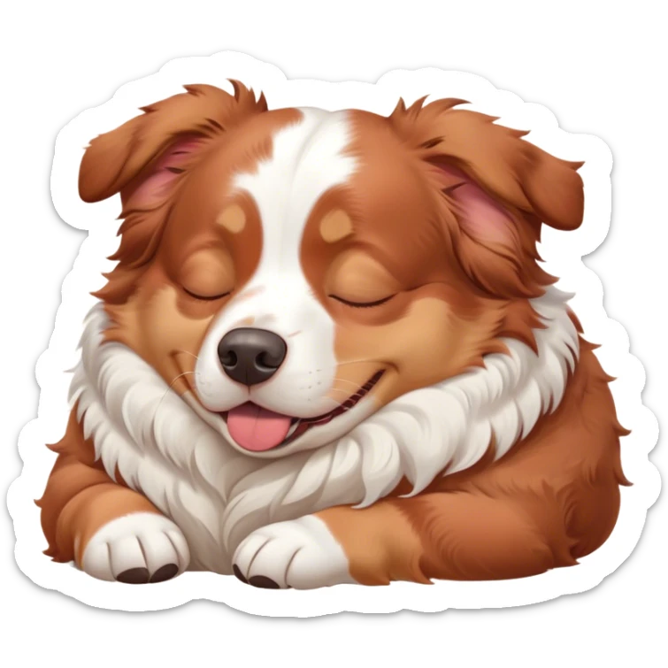 Cinematic Meme-Worthy Chubby Sleeping Red and White Merle Australian Shepherd Portrait Emoji, Head resting peacefully with a contented smile, showcasing a delightfully chubby build and a luxuriously soft red and white merle coat, eyes shut in a serene nap, Simplified yet hilariously adorable features, highly detailed, glowing with a soft, drowsy light, high shine, relaxed and utterly lovable, stylized with an air of playful laziness, bright and heartwarming, soft glowing outline, capturing the essence of a comically sleepy Red and White Merle Australian Shepherd, so meme-worthy it feels like it could instantly become the next viral sensation of adorable slumber! sticker