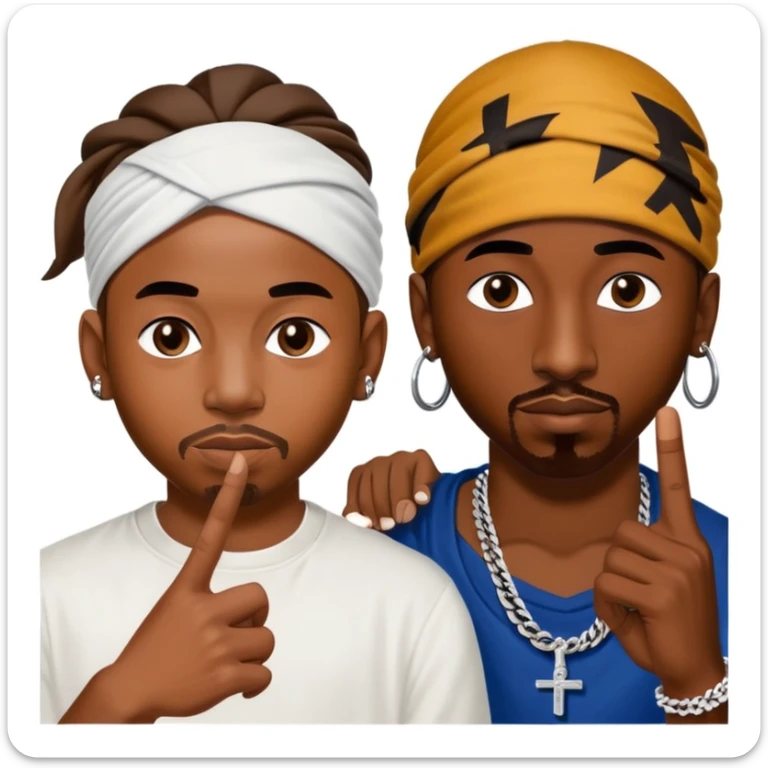 Generate an emoji of kendrick lamar throwing up a west coast gang sign while he stands next to tupac. Tupac has his infamous backwards bandana tied around his forehead where the bandana is tied one time in a half knot sticker