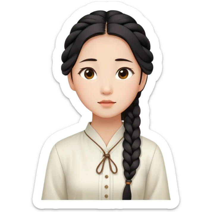  A Chinese girl with a long braid, a brown hairpin shaped , and a white blouse, breathing in the spring air. sticker
