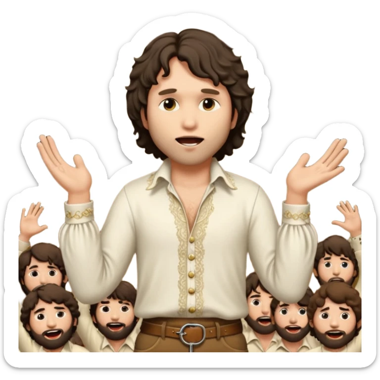 solarpunk realistic ultra HD - unkempt, shaggy with big sideburns Jim Morrison in an ivory Victorian shirt, in an ecstatic dramatic pose, sings on stage sticker