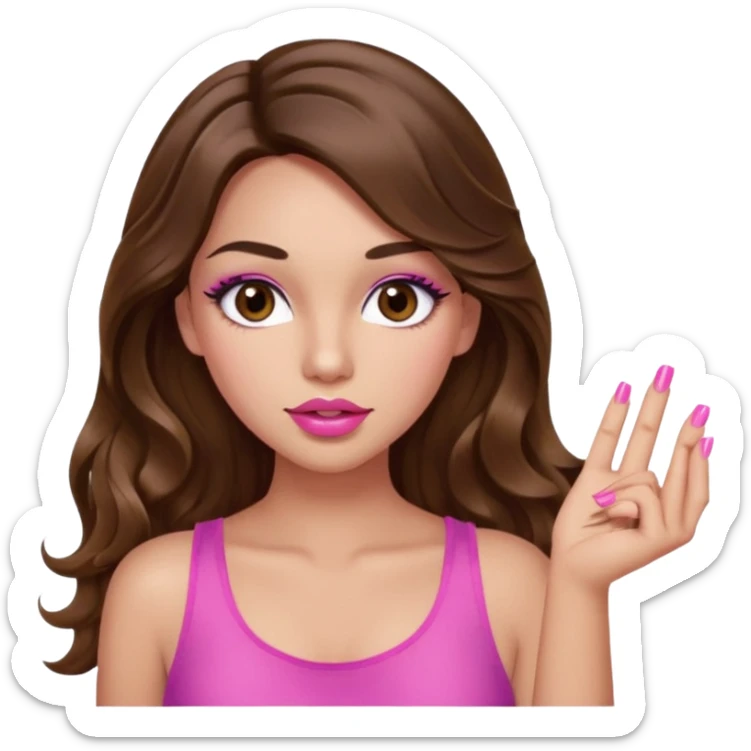 girl with long wavy brown hair, brown eyes, light to medium complexion, in a pink sexy top, pink puckered lips, long lashes, whatever with the hand out sticker