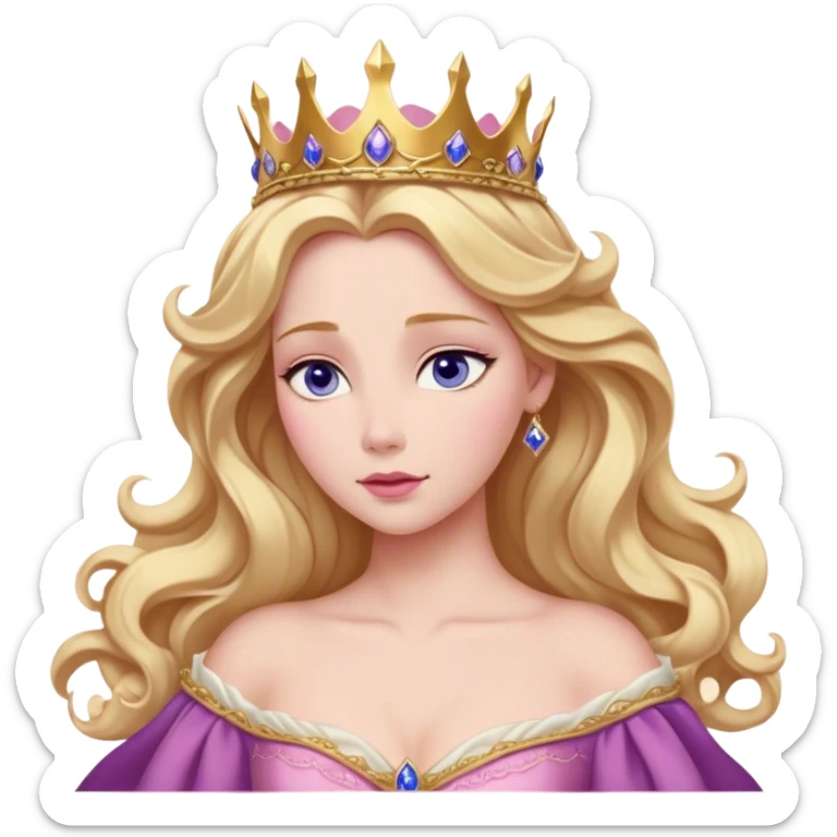 Cinematic Realistic Sleeping Beauty (Aurora) Portrait, with porcelain-like skin featuring a natural rosy flush, illuminated by soft lighting that highlights the gentle contours of her face. Her golden blonde hair flows in soft, detailed waves with subtle highlights that shimmer in the light. Her deep violet-blue eyes radiate warmth and innocence, framed by arched brows and long lashes. Her serene expression exudes quiet elegance. She is dressed in her classic pink gown, the fabric rich in texture with delicate folds that catch the light. A golden crown rests atop her head, gleaming with royal refinement. The portrait captures a soft, glowing aura, blending realism with an ethereal sense of beauty and timeless enchantment. sticker