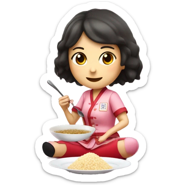Women eating risotto with a spoon on tea wearing pink uniform with japanese kanji and wearing a red big shoes sticker