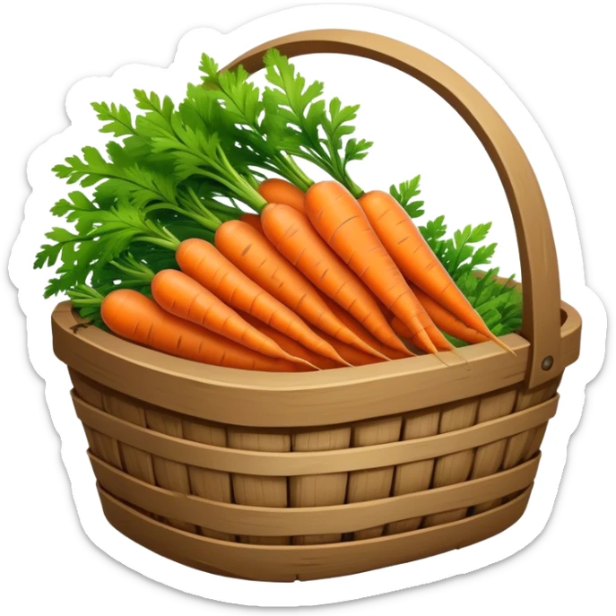 Cinematic vibrant orange carrot, crisp and fresh, slightly twisted with green leafy tops, arranged in a rustic wooden basket, natural and inviting. sticker