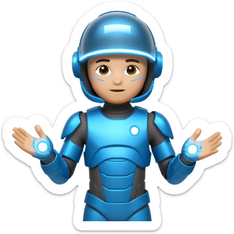 “Futuristic Roblox boy emoji, 2050 style. Blue neon visor, cyber helmet, metallic skin glow, hologram lines, tech-suit with glowing seams, soft neon background.” sticker
