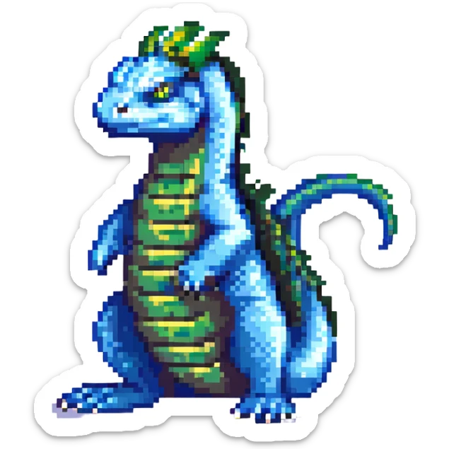 Pixel art of a mythic basilisk wrapped protectively around the Windows 11 blue four-square symbol, 8-bit style, no background. sticker