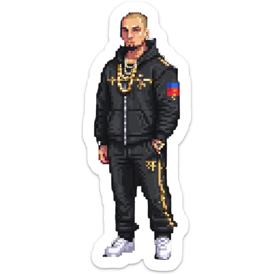 Russian gangster wearing a tracksuit and gold chain, pixel art style sticker