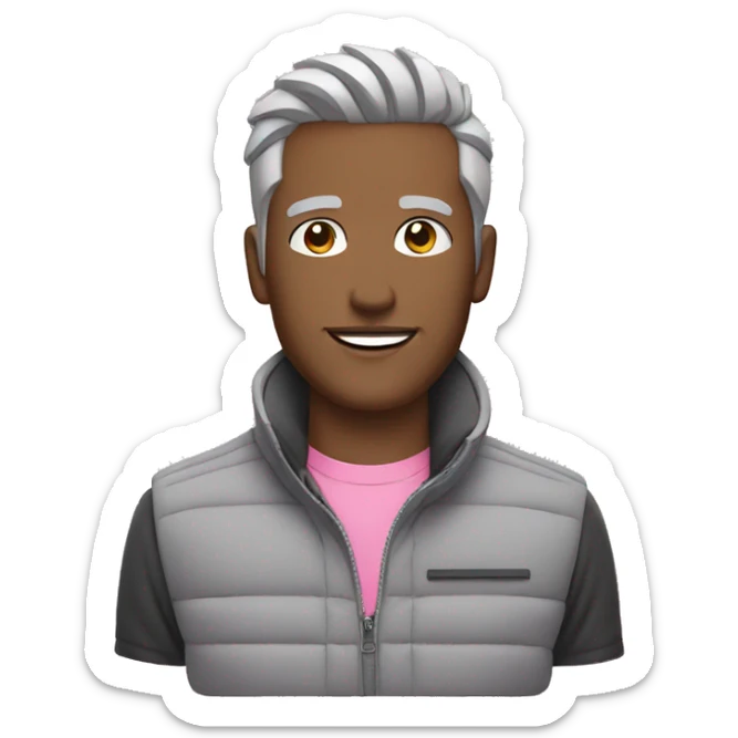 Finance bro with light grey short spike hair grey puffer vest over pink shirt driving a sports car sticker