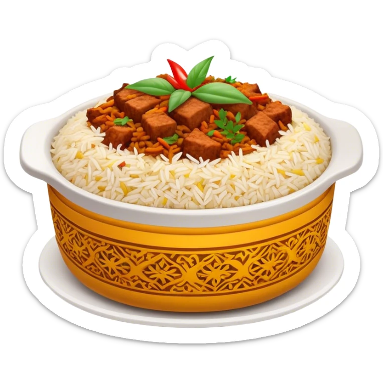 Cinematic Realistic Biryani Dish Emoji, depicted as aromatic basmati rice layered with spiced meat and herbs rendered with vibrant textures and warm, inviting lighting. sticker