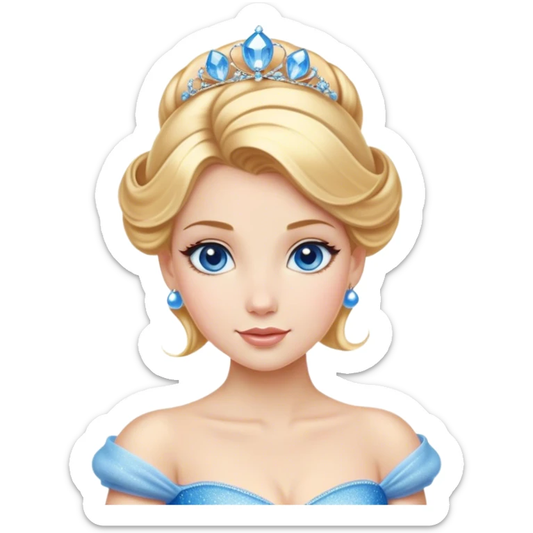  "Cinematic Adorable Elegant Cinderella Portrait Emoji, Head tilted gracefully with sparkling blue eyes, delicate fair skin, and elegantly styled golden-blonde hair in a soft updo, wearing her signature shimmering blue ball gown (chest and above). Simplified yet regal features, highly detailed, glowing with a soft, enchanting radiance, high shine, serene and graceful, stylized with a touch of fairy-tale elegance, bright and endearing, soft glowing outline, capturing the essence of a timeless princess, so magical it feels like she could waltz into a dream!" sticker