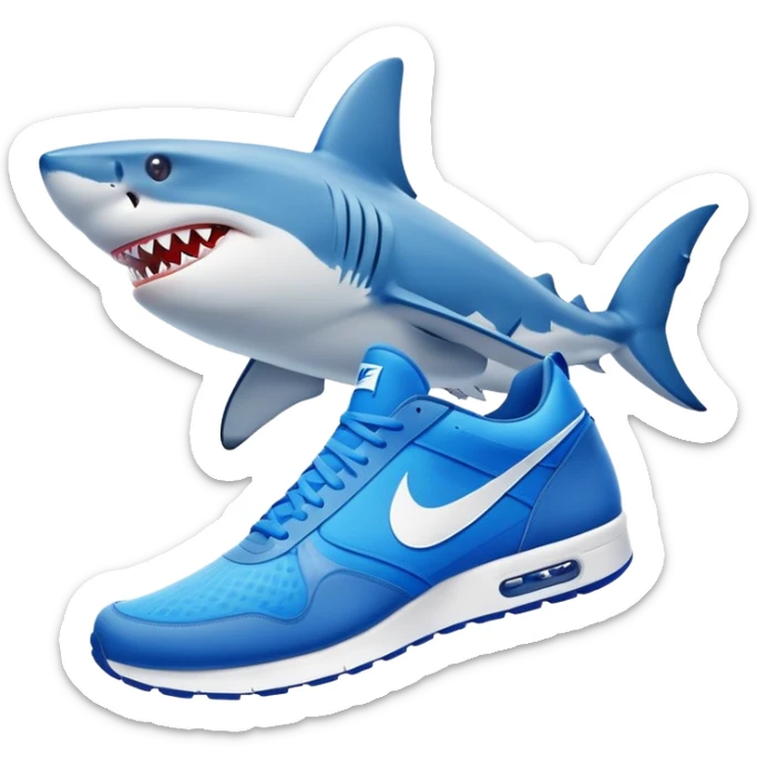 Crea un tiburón con zapatos azules de marca Nike con el logo Nike en blanco sticker