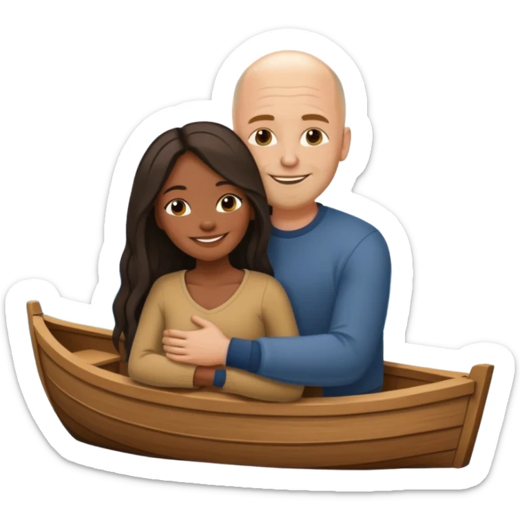 Black woman with hair and bald white guy hugging in a boat sticker