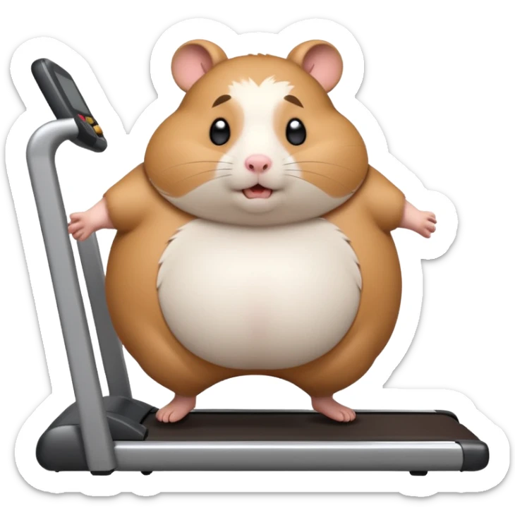 fat hamster big belly trying to run on treadmill sideways desperately trying to catch up with speed sticker