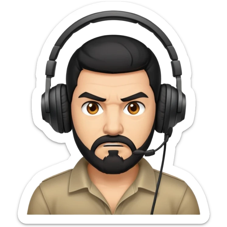 Angry man with black hair, brown eyes, black beard wearing a gaming headset sticker