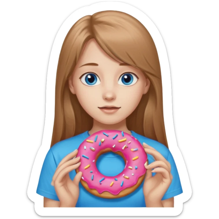 una ragazza dall‘ età di 19 anni con capelli castani chiaro lunghi e lisci ,  occhi celesti,  con addosso una maglietta con una ciambella senza orecchini  sticker