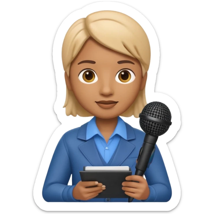 Apple Memoji-style 3D emoji of a journalist holding a microphone and notepad, smooth gradients, rounded shapes, no background. sticker
