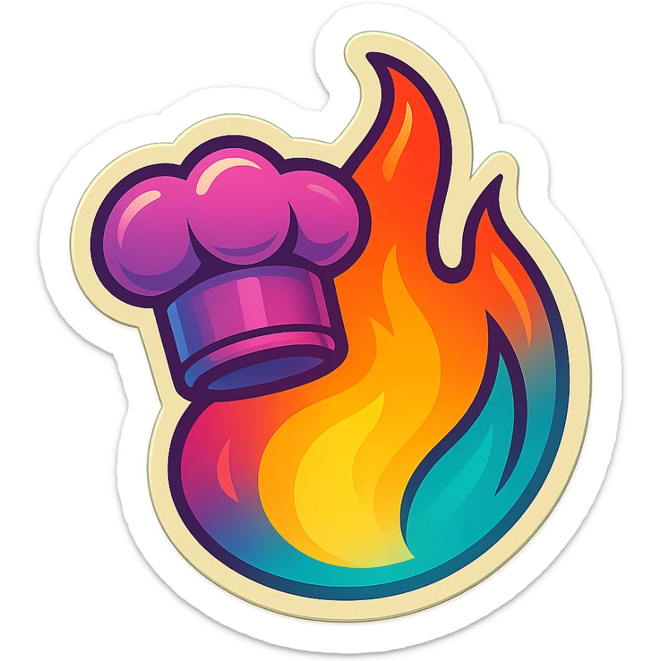 chef's hat with a trail of fire emoji, playful, synthwave colors, vibrant, matching style reference file
 sticker