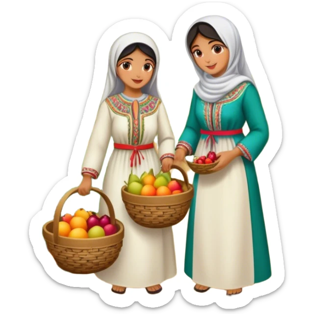 A nostalgic and culturally rich scene of Palestinian women dressed in traditional embroidered thobes harvesting fruit in an orchard. Their vibrant and intricately designed dresses reflect deep heritage, while their coordinated efforts—picking, sorting, and collecting fruit in a woven basket sticker