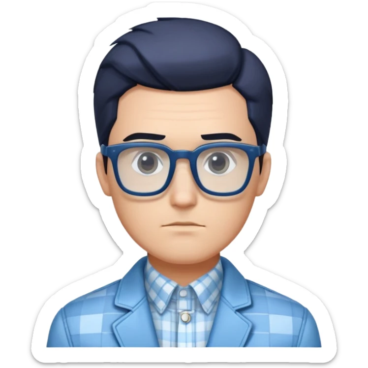 Man with square face, large dark square glasses, short straight hair combed to the side. Serious-relaxed expression. Light blue jacket, white shirt with blue checkered pattern. sticker