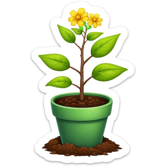 Close-up of a potted sapling with vibrant flowering plants around it, in rich soil. Sunlight filters through the window, casting soft shadows. Cozy indoor garden with blooming flowers, succulents, and gardening tools placed neatly on a wooden table. sticker
