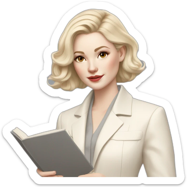 pale skin woman with ash blonde Straightened bob Hair, White Spacious classical jacket, beige palazzo Arrow pants and gray blouse holding a color palette in the hands sticker