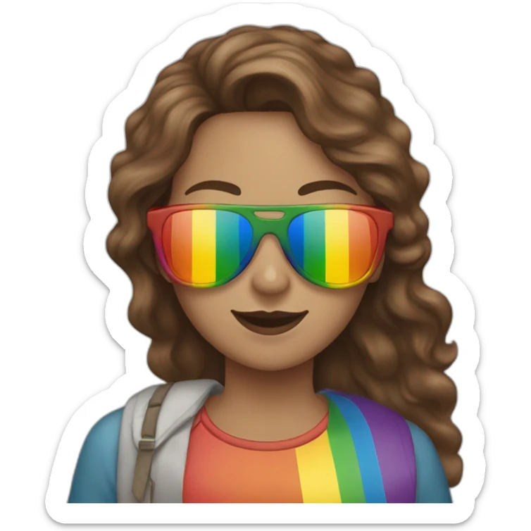 female with brown wavy hair, holding a rainbow flag,rainbow sunglasses  sticker